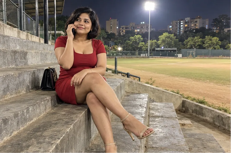 A woman in a red dress on the phone on the steps of a small Bangalore cricket ground at night