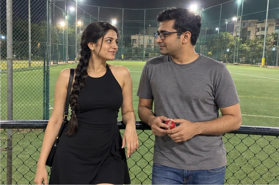 A woman in a black halter top and a man in a grey T-shirt at the fence of a box-cricket turf at night, he holds a red ball