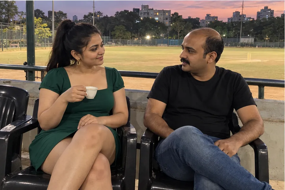 A woman in a green dress and a man in a black T-shirt on plastic chairs in the small stand of a neighbourhood cricket ground at dusk