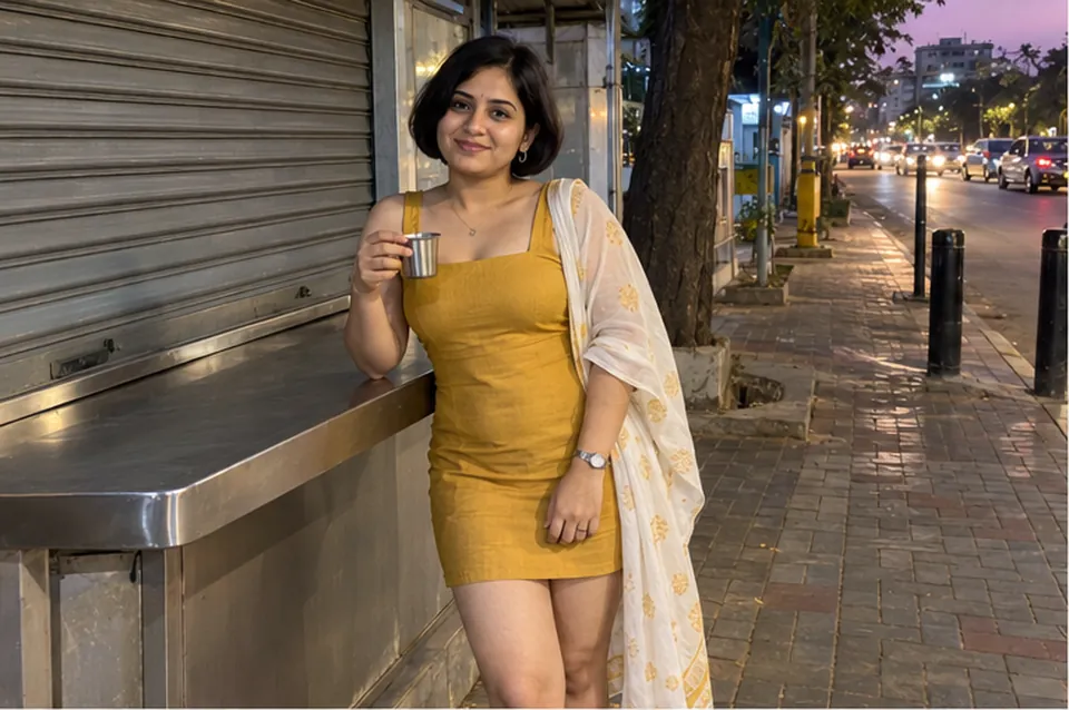 A woman in a mustard dress with a dupatta and a man in a maroon T-shirt at a street-side tea counter in Bangalore at dusk